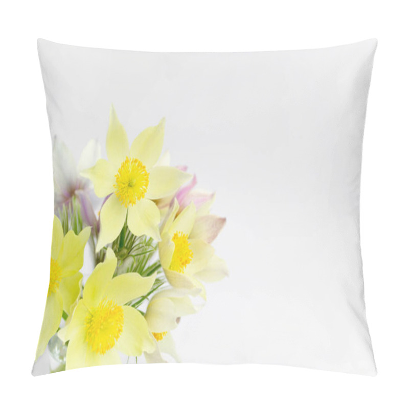 Personality  Bouquet Of Spring Flowers. Beautiful, Bright And Delicate Snowdrops On A White Background. Spring Awakening Symbol. Copy Space. Pillow Covers