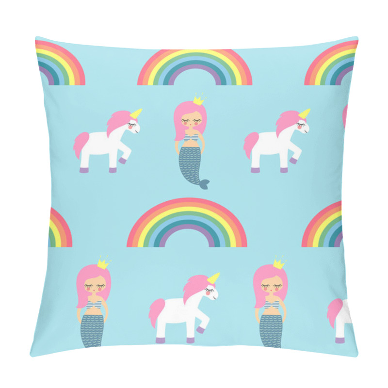 Personality  Seamless Pattern With Mermaids, Unicorns And Rainbows On Blue Background. Pillow Covers