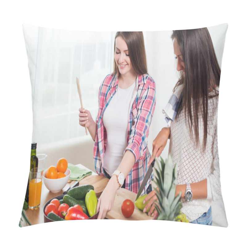 Personality  Gorgeous Young Women Preparing Dinner In A Kitchen Concept Cooking, Culinary, Healthy Lifestyle. Pillow Covers