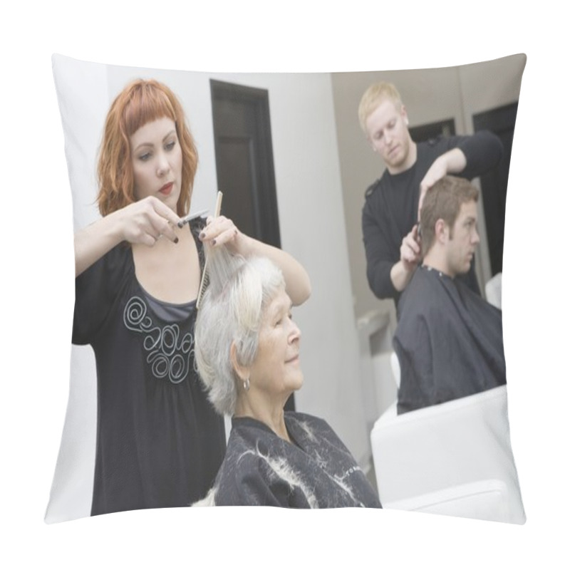 Personality  Stylist Cuts Elderly Woman's Hair Pillow Covers