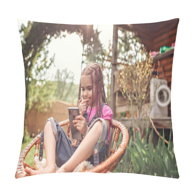 Personality  Stylish 7-8 Years Girl Chatting With Friends With Smartphone And Have Fun Dressing Up Her Face With Augmented Reality Camera Effects, Virtual Game During Lockdown And After, New Normal Friendship Pillow Covers