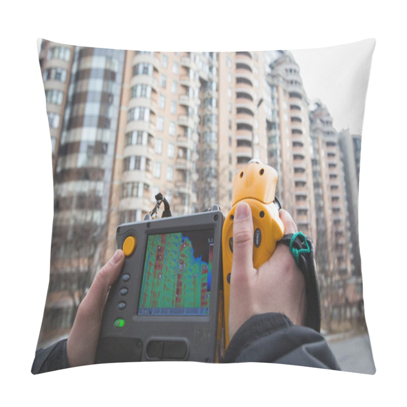 Personality  Man Is Pushing A Thermal Scope To A Heated Apartment Building In Search Of Heat Leakage In A Warmed Building In Central Kiev, Ukraine Pillow Covers