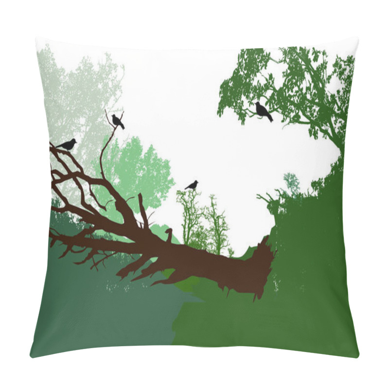 Personality  Panoramic Forest Landscape With Fallen Tree, Bushes And Birds Pillow Covers