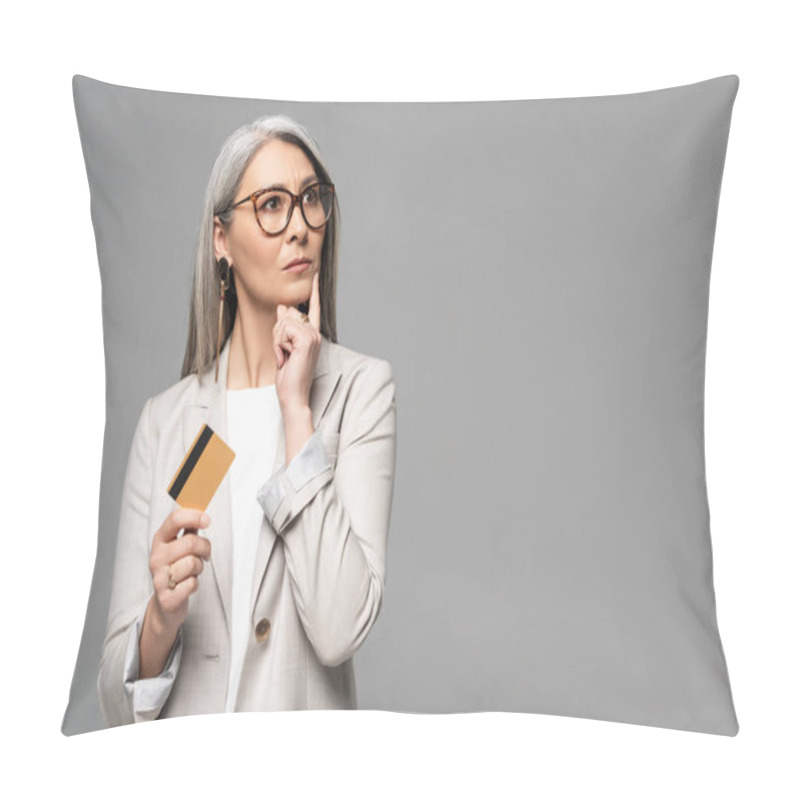 Personality  Beautiful Thoughtful Asian Businesswoman With Grey Hair Holding Credit Card Isolated On Grey Pillow Covers