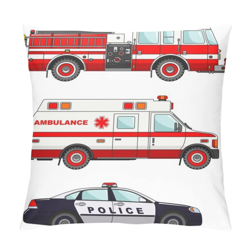 Personality  Fire Truck, Police And Ambulance Cars Isolated On White Background In Flat Style Pillow Covers