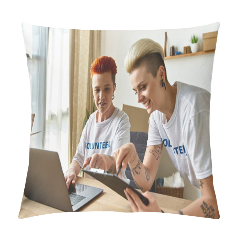 Personality  Two Young Men Sitting At A Table, Concentrating On Tasks On A Laptop Screen, Engaged In A Shared Project. Pillow Covers