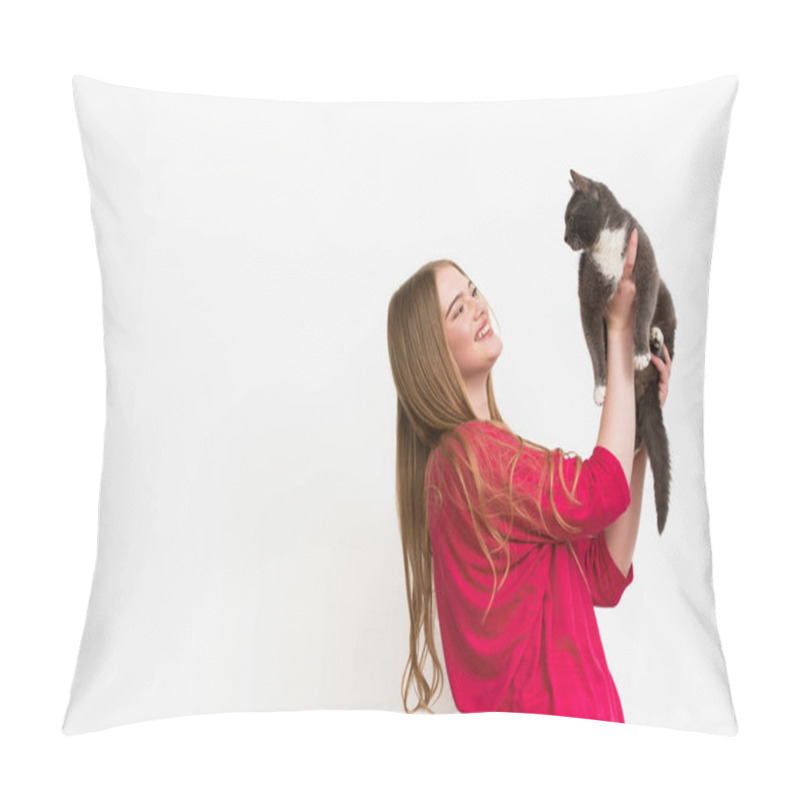 Personality  Cheerful Young Woman Holding In Arms Fluffy Cat Isolated On White  Pillow Covers