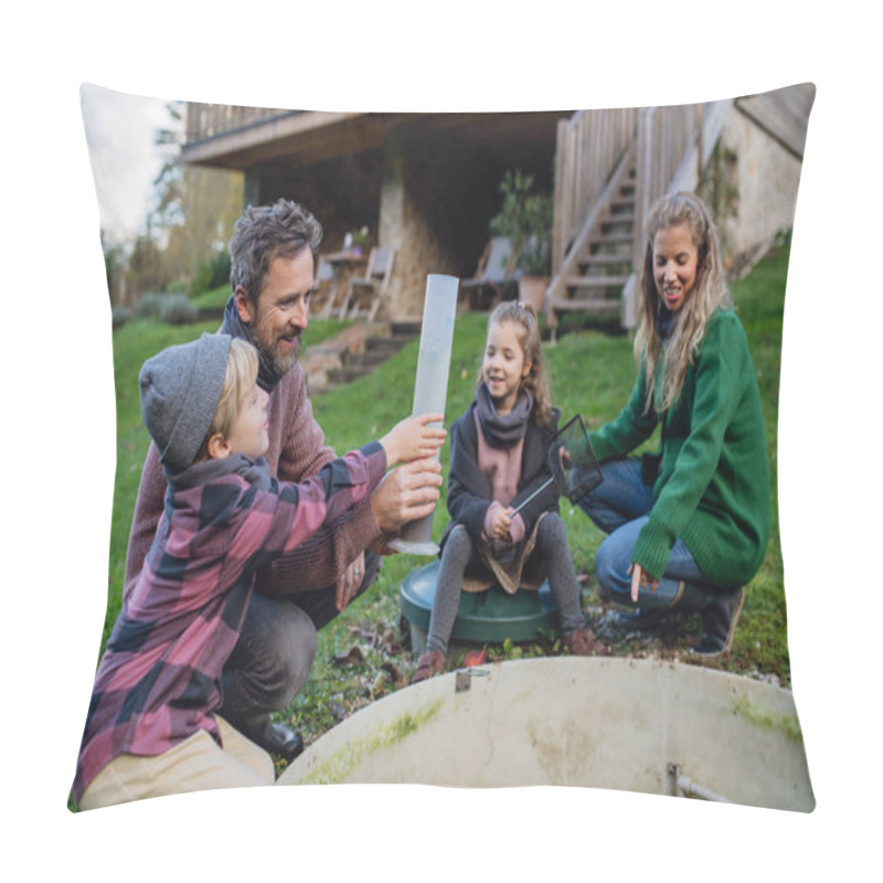 Personality  The Family Checks The Water Quality In The Home Wastewater Or Sewage Treatment System. Concept Of Sustainable Family Living. Pillow Covers