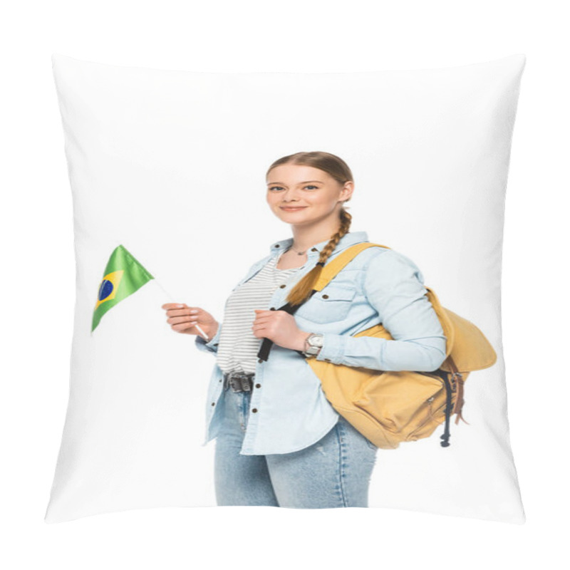 Personality  Smiling Pretty Student With Backpack Holding Flag Of Brazil Isolated On White Pillow Covers