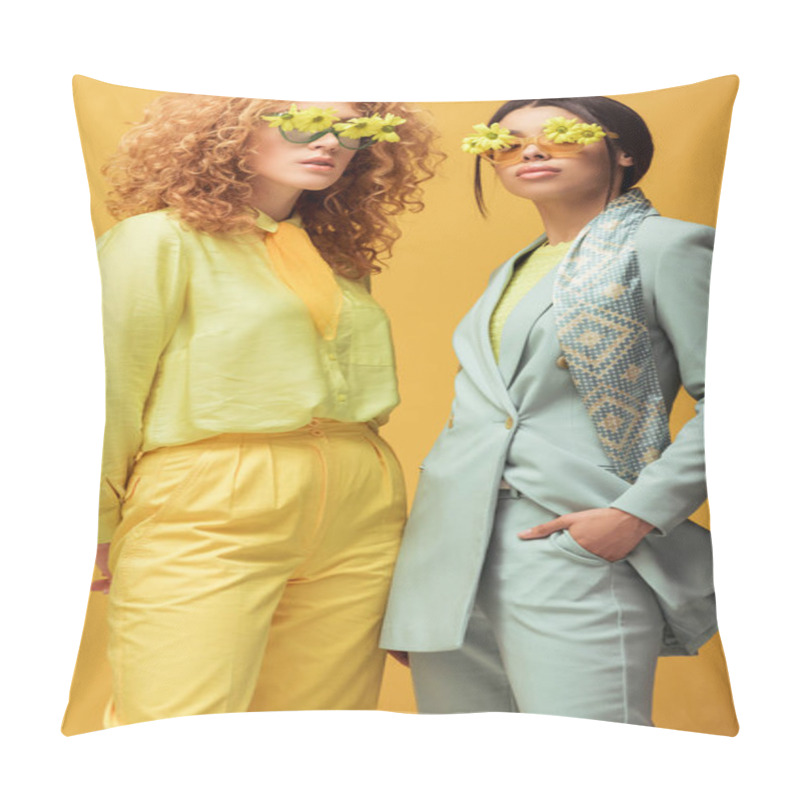 Personality  Beautiful Multicultural Women In Sunglasses With Flowers Posing Isolated On Yellow  Pillow Covers