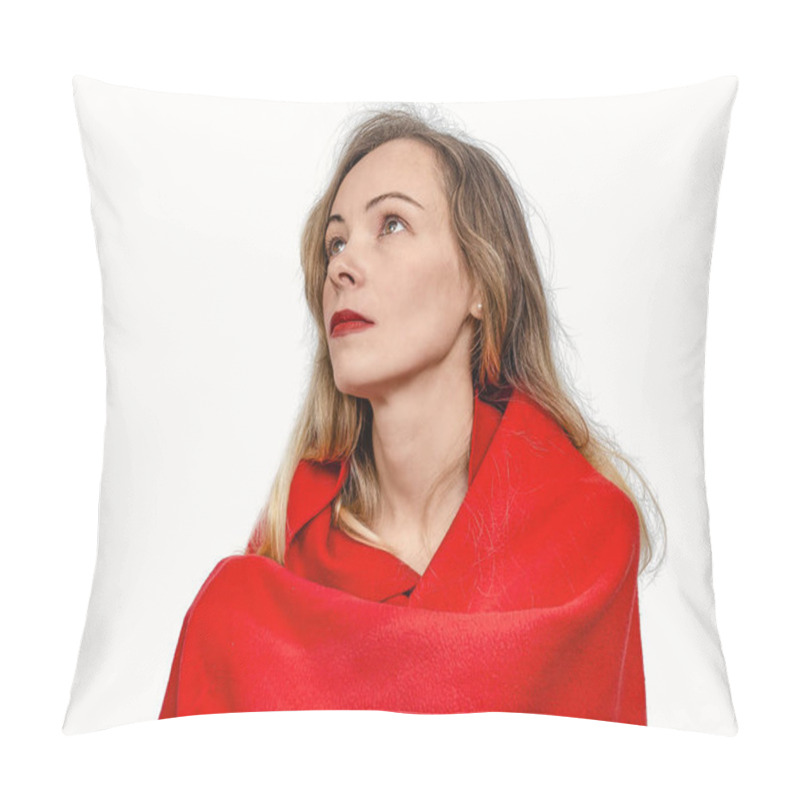 Personality  Thoughtful Blonde Woman Wrapped In Red Scarf, On White Background. Looking Up Pillow Covers