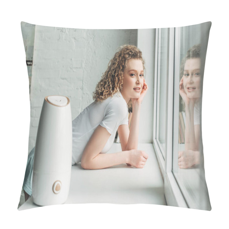 Personality  Smiling Girl With Ultrasonic Air Purifier On Windowsill Pillow Covers