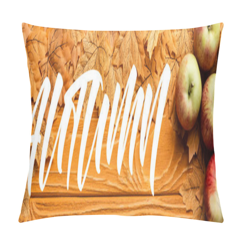 Personality  Top View Of Ripe Apples And Leaves Foliage Near Autumn Lettering On Wooden Background, Panoramic Shot Pillow Covers