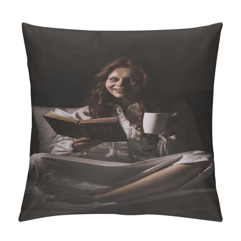 Personality  Demonic Smiling Woman In Nightgown Holding Bible And Cup On Bed Pillow Covers