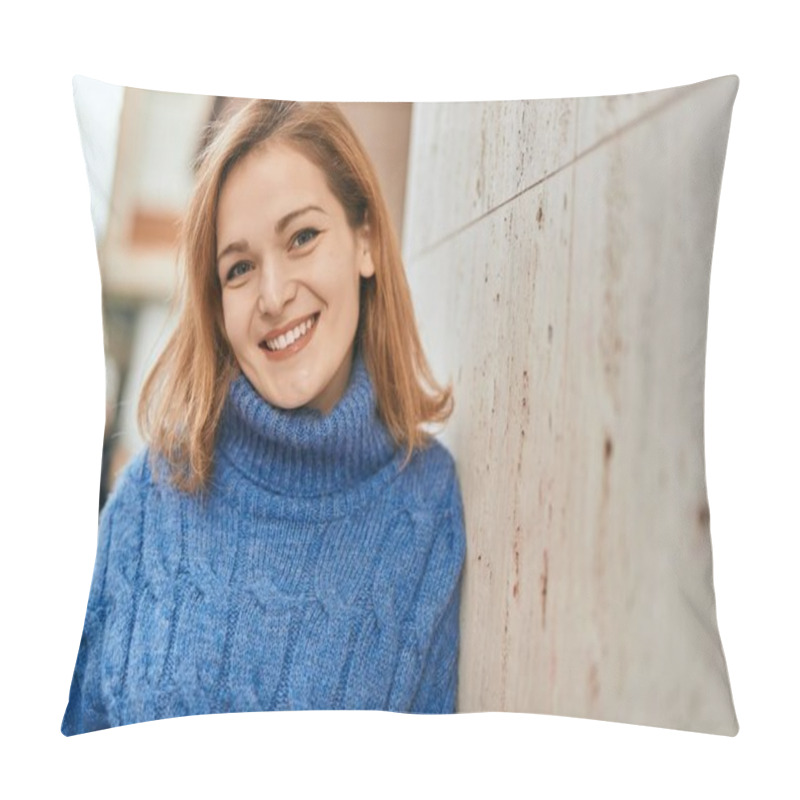 Personality  Young Caucasian Girl Smiling Happy Standing At The City. Pillow Covers