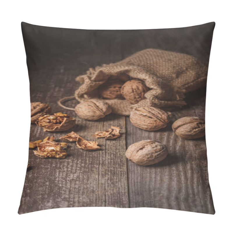 Personality  Close Up View Of Walnuts In Sack On Wooden Background Pillow Covers