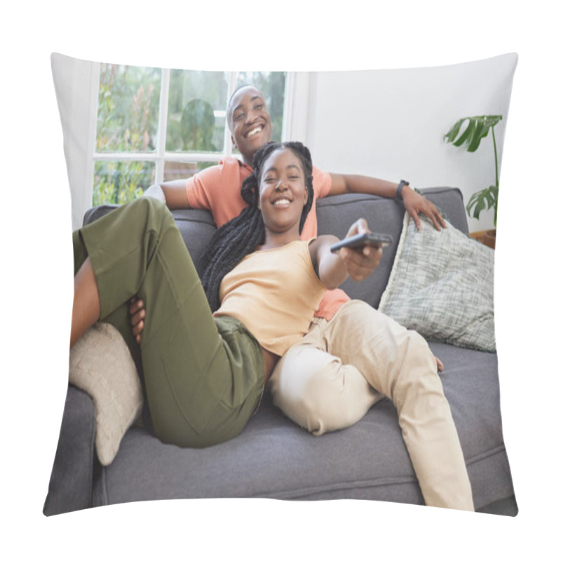 Personality  Young African American Couple Changing Channels On Remote And Watching Television Together On Sofa At Home. Girlfriend Relaxing On Boyfriends Lap While Enjoying Entertainment Shows, Series And Movies. Pillow Covers