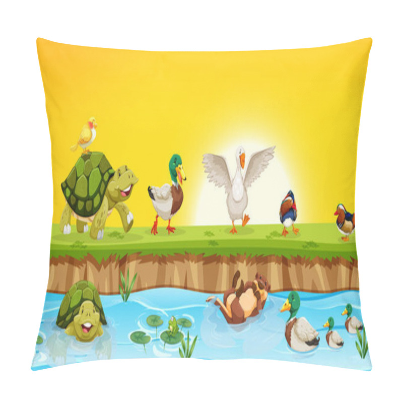 Personality  Different Animals In Pond Scene Illustration Pillow Covers