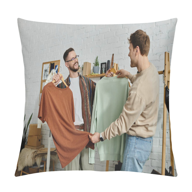 Personality  Two Men In Designer Attire Stand Side By Side, Discussing Ideas For Their Latest Project In A Trendy Workshop. Pillow Covers