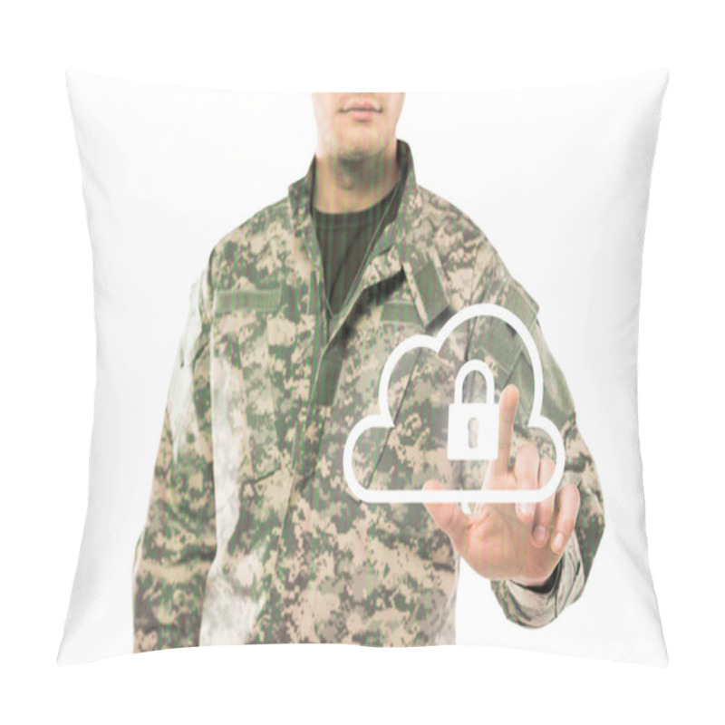 Personality  Cropped View Of Soldier In Uniform Pointing With Finger At Virtual Cloud With Padlock On White  Pillow Covers