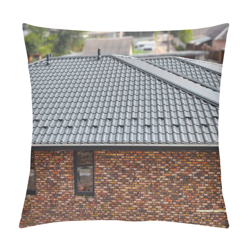 Personality  Close-up House Roof With Steel Roofing Sheet. Traditional Metal Shingle Tiles. Gray Modular Tile Effect Roof Panel. Profiled Metallic Corrugated Pantile As Clay Or Concrete Slate. Building's Covering Pillow Covers