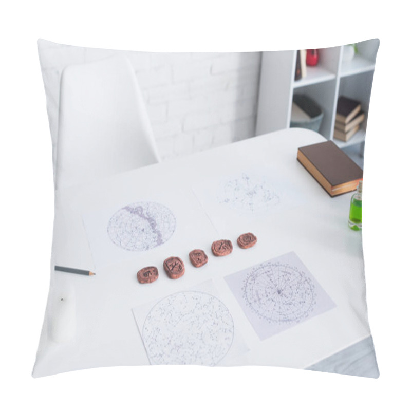 Personality  Astrological Maps And Clay Runes Near Candles And Prediction Book On White Table Pillow Covers