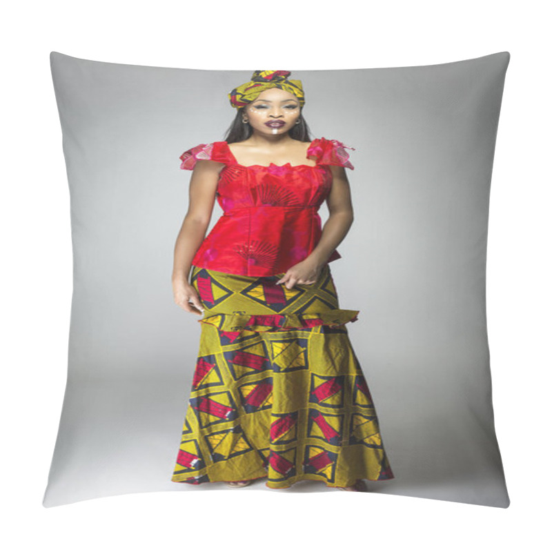 Personality  Black Female Showing African Pride By Wearing A Traditional Nigerian Dress And Head Scarf With Tribal Face Markings Or Cosmetic Makeup.  The Costume Is Red And Yellow And Shows Cultural Fashion. Pillow Covers