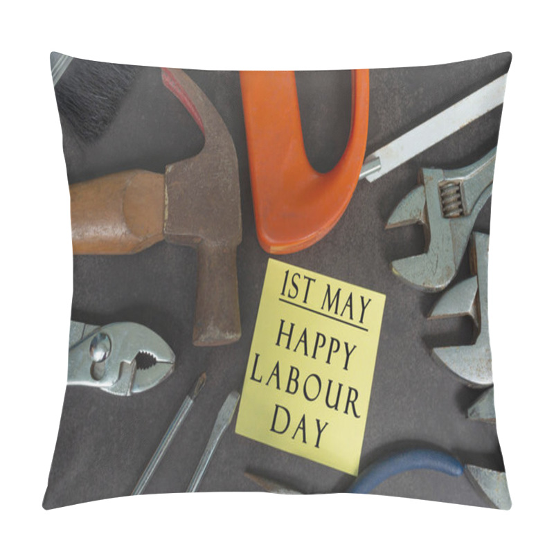 Personality  Labour Day Text On Yellow Notepad With Repair Equipment And Many Handy Tools On A Dark Background Pillow Covers