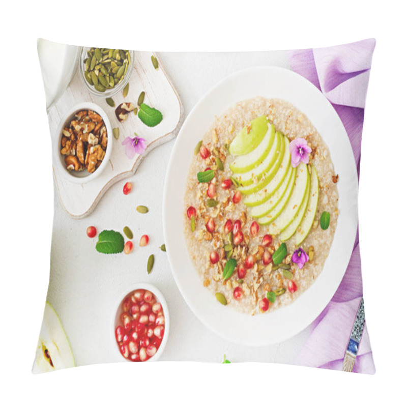 Personality  Tasty And Healthy Oatmeal Porridge With Apple Slices And Pomegranate With Nuts In Bowl Pillow Covers