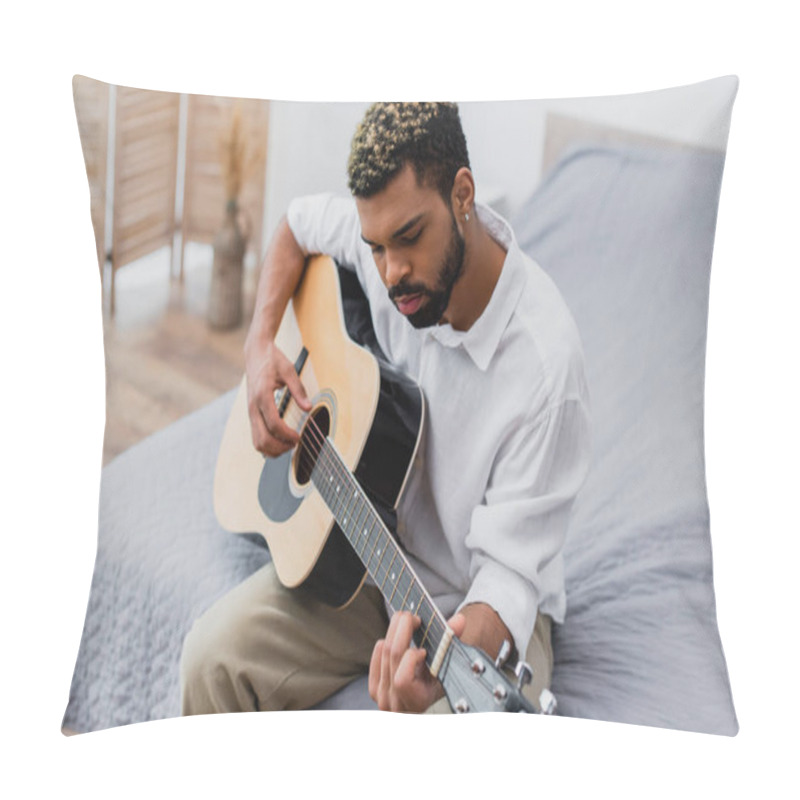 Personality  Young African American Man With Dyed Hair And Beard Playing Acoustic Guitar In Bedroom Pillow Covers