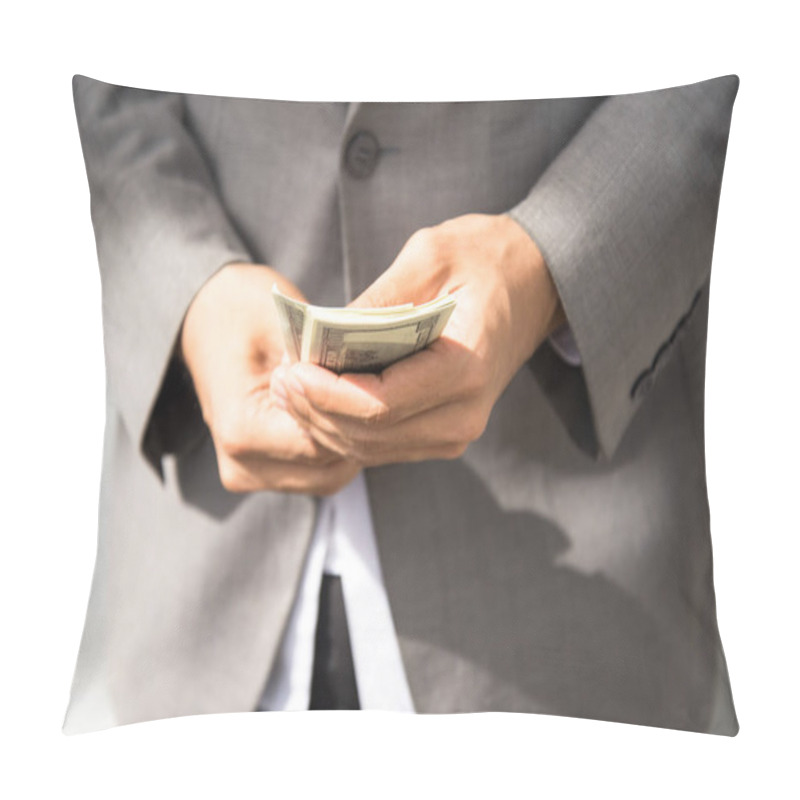 Personality  Business Executive In Formal Suit Giving Money As A Bribe, Select Focus Pillow Covers