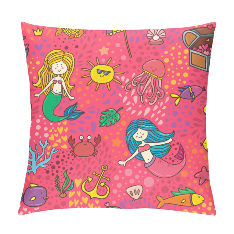 Personality  Colorful Cartoon Style Summer Sea Mermaids Illustration Elements Set. Underwater Life In Cute Sticker Badges Collection. Ready To Use Pin Design Pillow Covers