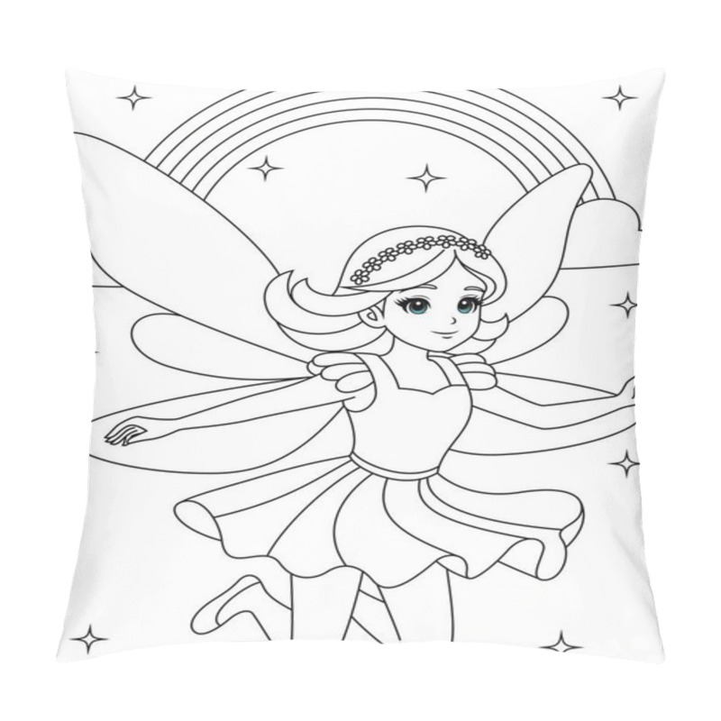 Personality  Cute Kawaii Fairy With Sparkling Wings Flying On White Background Outline Coloring Page For Kids Pillow Covers