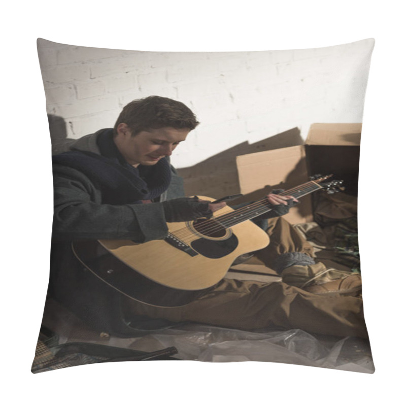 Personality  Homeless Man Holding Guitar And Using Smartphone While Sitting On Rubbish Dump Pillow Covers