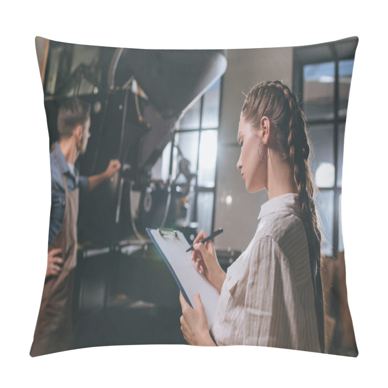 Personality  Selective Focus Of Woman Checking Colleagues Work During Coffee Roasting Process Pillow Covers