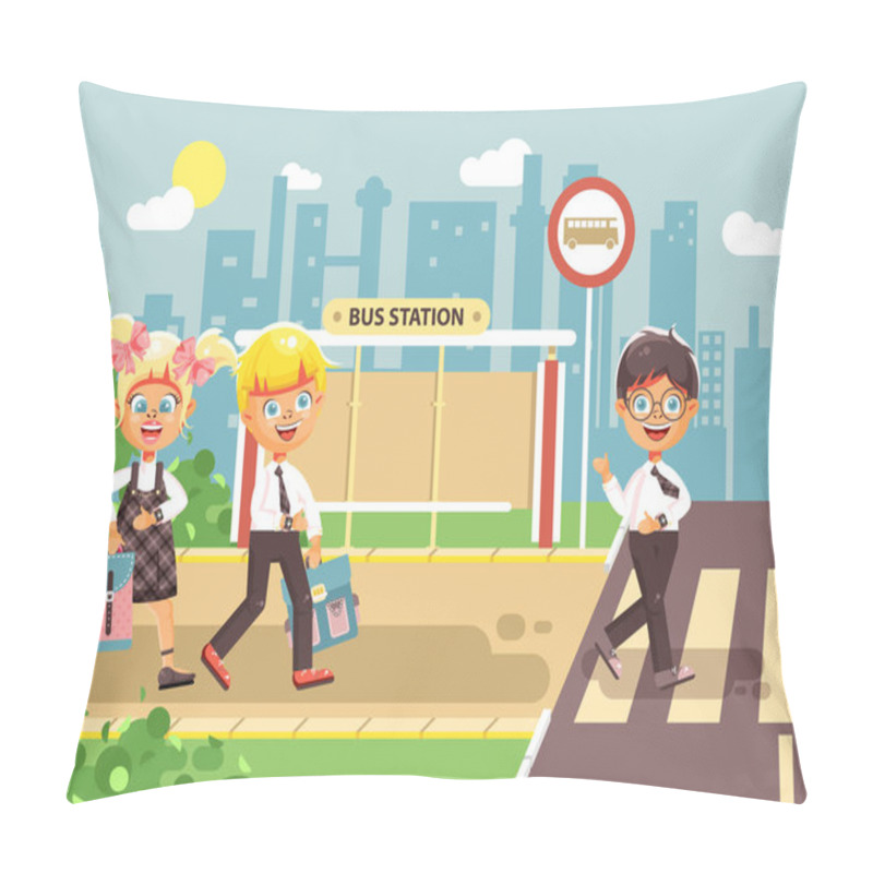 Personality  Vector Illustration Cartoon Characters Children, Observance Traffic Rules, Boys And Girl Schoolchildren Classmates Go To Road Pedestrian Crossing, Bus Stop Background, Back To School Flat Style Pillow Covers