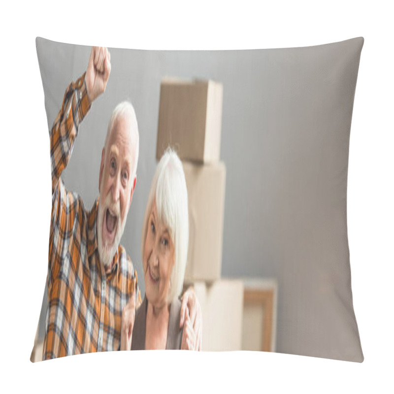 Personality  Panoramic Shot Of Excited Senior Couple With Fists Up Showing Hooray Sign, Moving Concept Pillow Covers