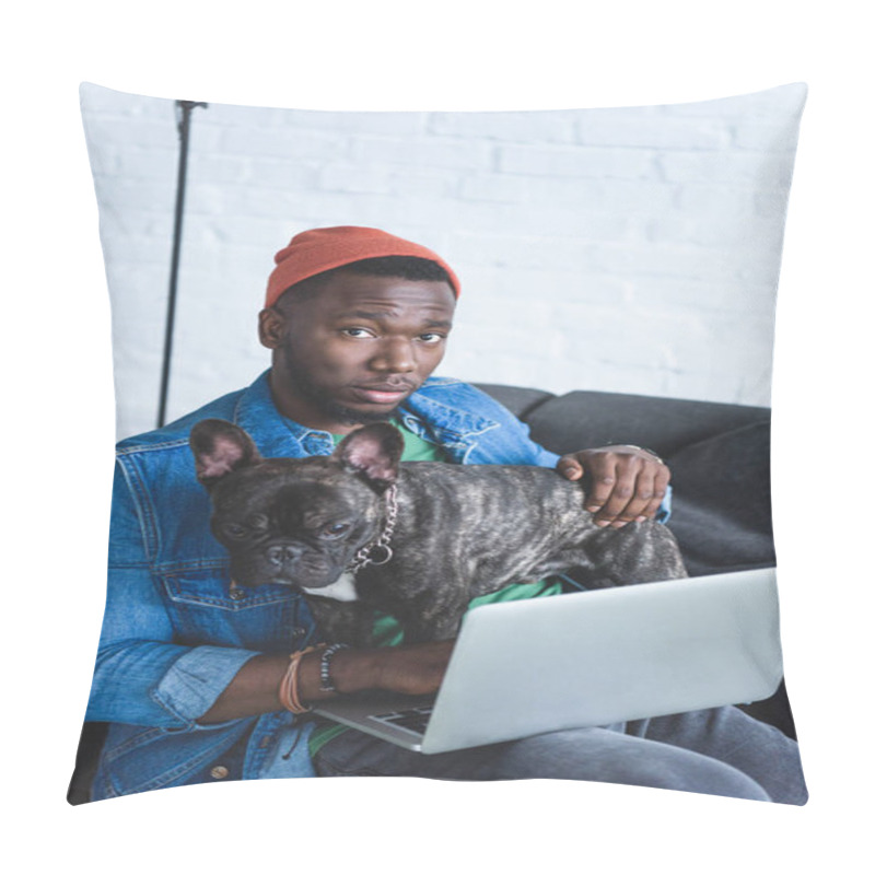 Personality  Handsome African American Man Working On Laptop And Hugging Frenchie Dog Pillow Covers