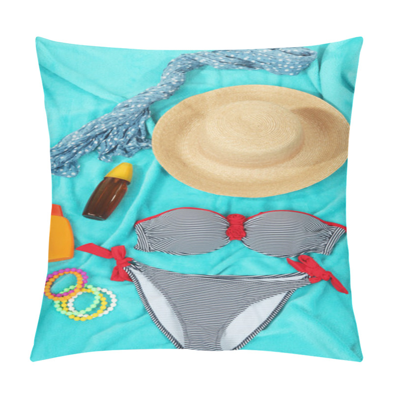 Personality  Swimsuit And Beach Items On Bright Blue Background Pillow Covers