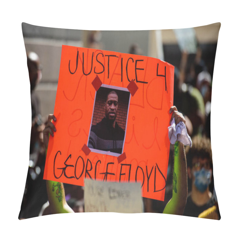 Personality  Miami Downtown, FL, USA - MAY 31, 2020: George Floyd Death: People Are Protesting And Rioting. Justice For George Floyd Poster. People Took To The Streets Against Cruelty. Pillow Covers