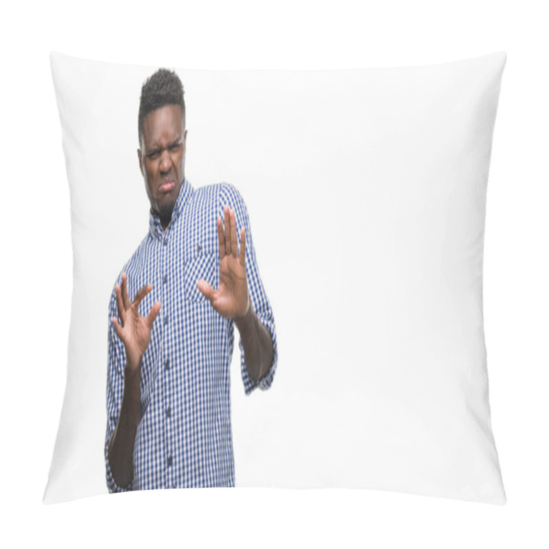 Personality  Young African American Man Wearing Blue Shirt Disgusted Expression, Displeased And Fearful Doing Disgust Face Because Aversion Reaction. With Hands Raised. Annoying Concept. Pillow Covers