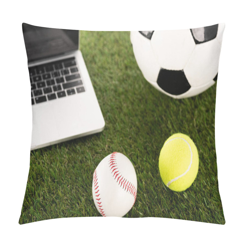 Personality  Soccer, Baseball And Tennis Balls Near Laptop On Green Grass, Sports Betting Concept Pillow Covers