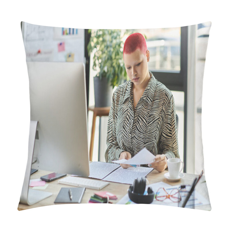 Personality  A Focused Person With A Bald Head And Bright Hair Studies Documents In An Artistic Office. Pillow Covers