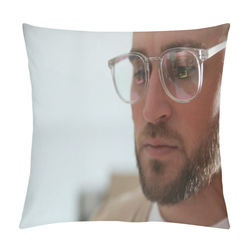 Personality  Young Man Wearing Glasses On Blurred Background, Closeup. Ophthalmology Service Pillow Covers