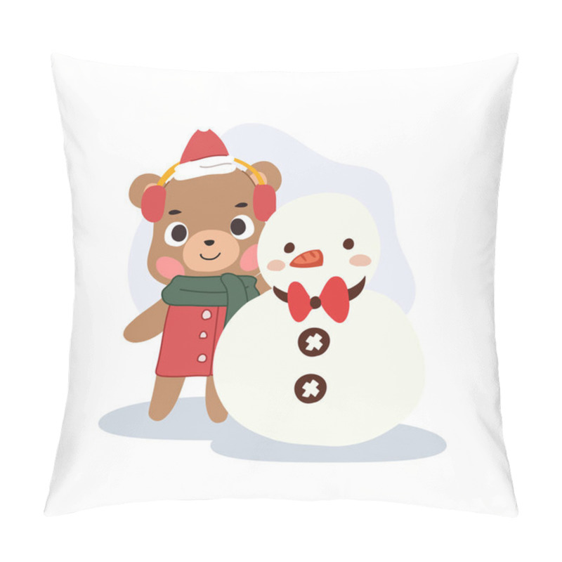 Personality  Cute Bear Cartoon With Snowman In Winter, Adorable Winter Characters And Snow Scene Pillow Covers