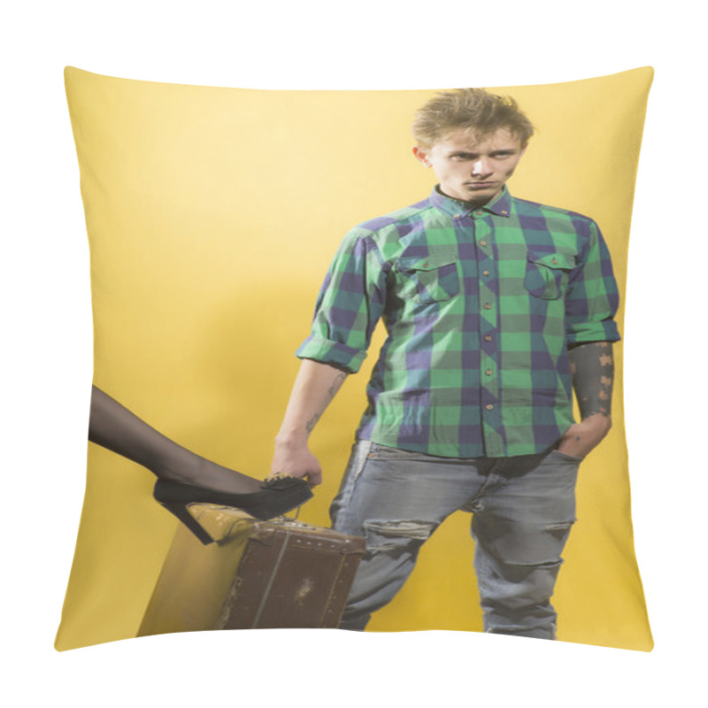 Personality  Serious Male Traveller With Suitcase Pillow Covers