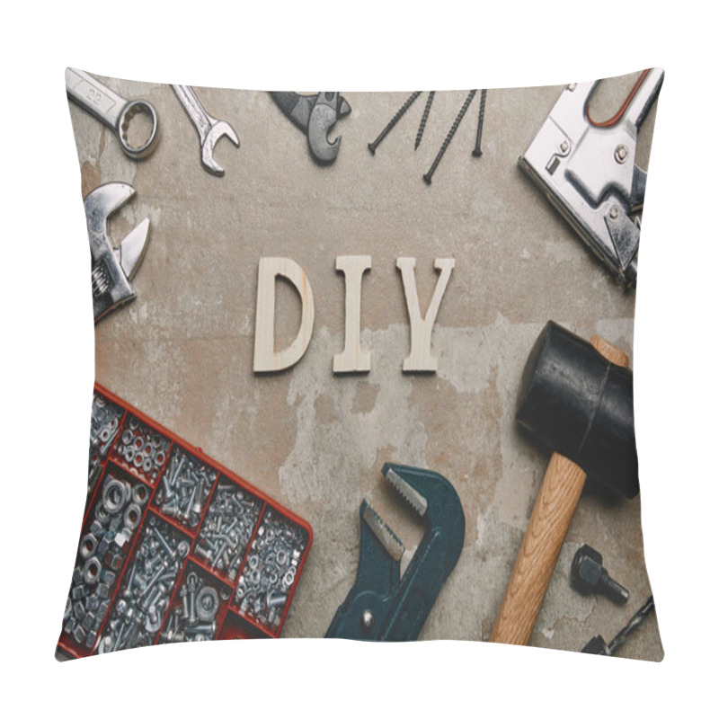 Personality  Top View Of Do It Yourself Sign And Various Carpentry Tools Arranged On Old  Surface Background  Pillow Covers