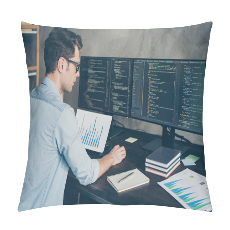 Personality  Profile Side View Portrait Of His He Nice Attractive Focused Skilled Guy Geek Coding Programming Writing Database Source At Modern Industrial Interior Loft Concrete Wall Style Work Place Station Pillow Covers