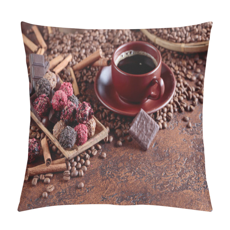 Personality  Various Chocolates  And Cup Of Black Coffee. Sweets With Cinnamon Sticks And Coffee Beans On A Brown Table. Pillow Covers