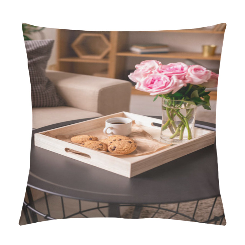 Personality  Square Wooden Box With Bunch Of Fresh Pink Roses In Glass, Cup Of Coffee And Cookies On Small Round Table In Home Environment Pillow Covers